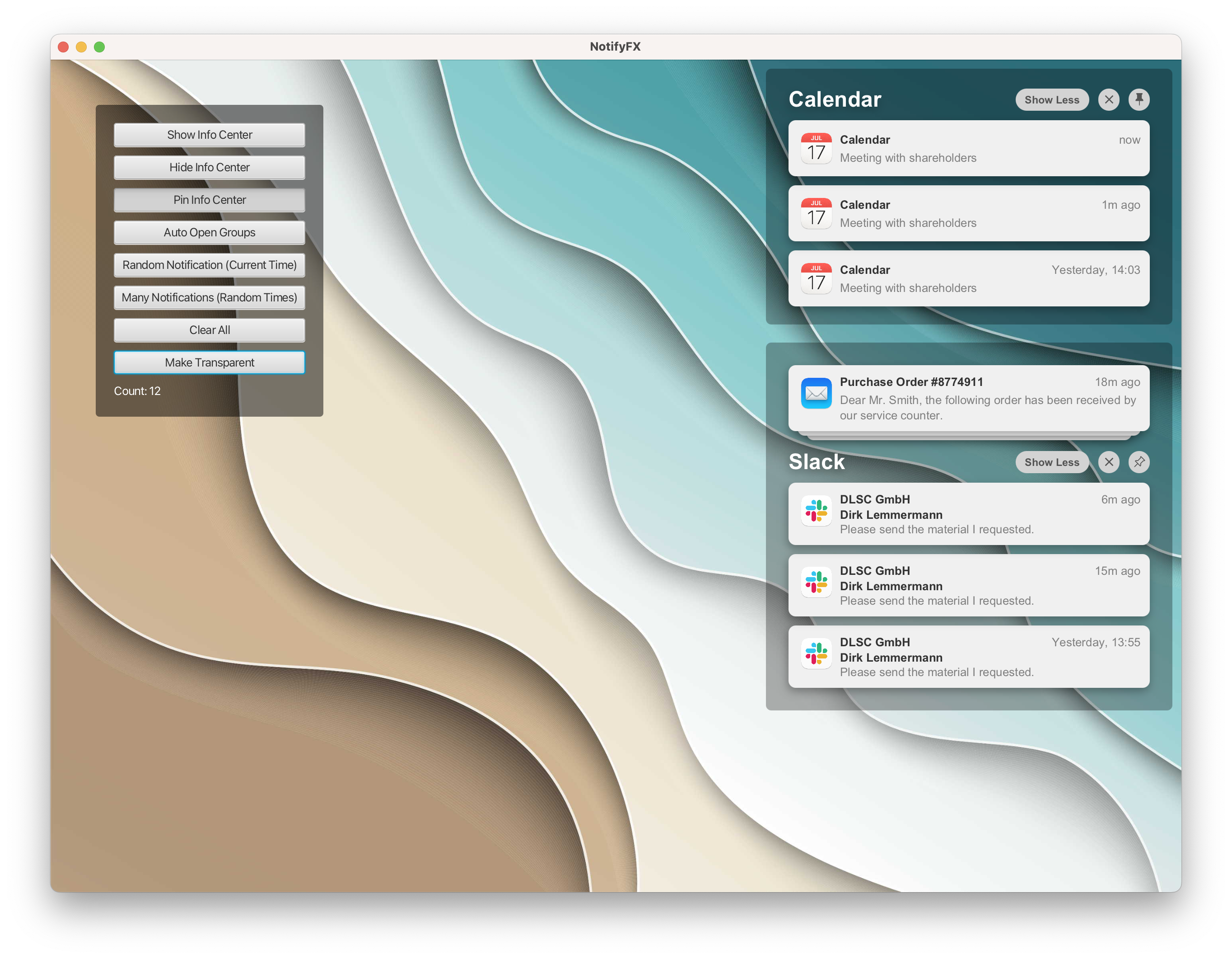 InfoCenterPane screenshot