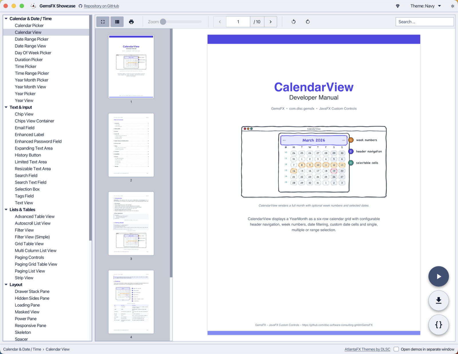 Screenshot of the GemsFX showcase application